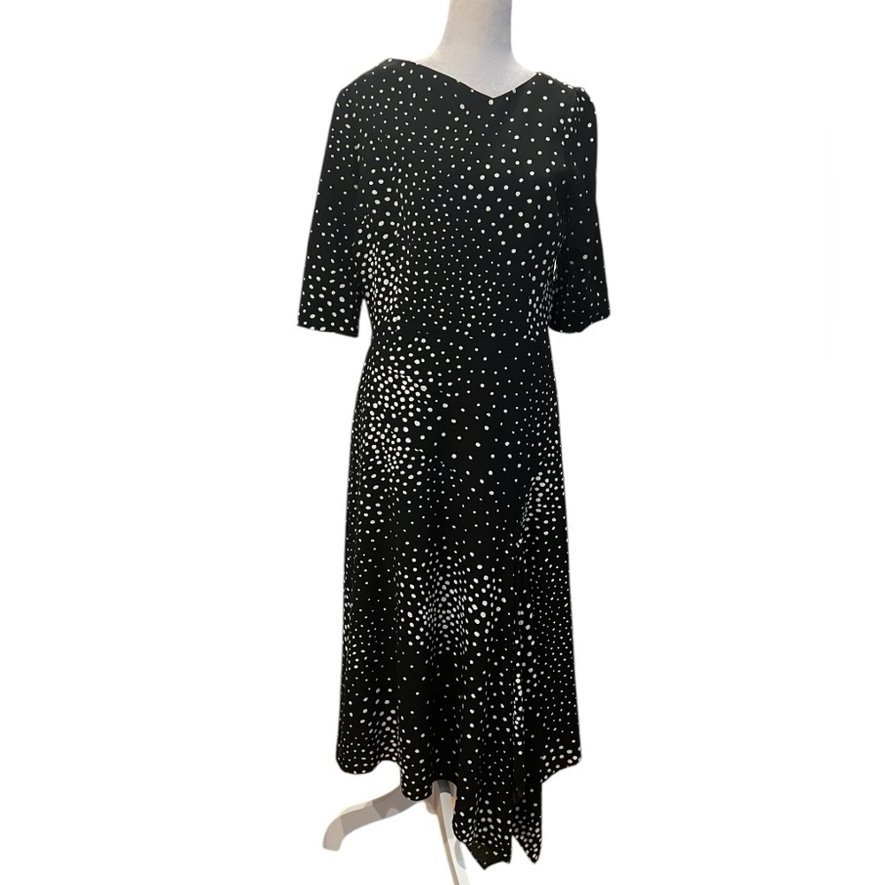 Teri Jon Polka Dots Elbow Sleeve Asymmetric Draped Midi Dress Size 8